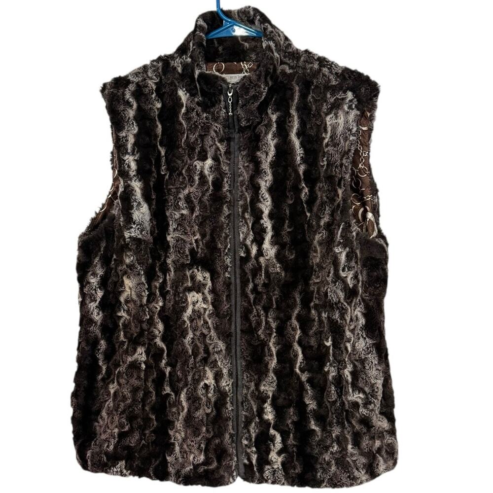 Erin London XL Faux Fur Zip Front Brown Vest Satin Chain Print Oversized